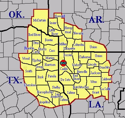 WFO SHV issue warnings for 48 counties and parishes.  Locations of the five transmitters in SHV CWA. 